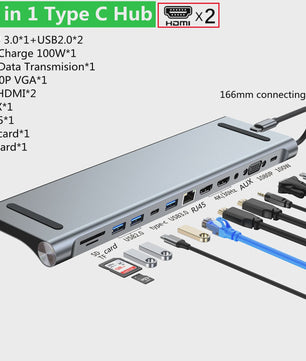 11-in-1 USB-C Hub Docking Station met 4K HDMI, VGA, RJ45, SD/TF Kaartlezer & PD Charge