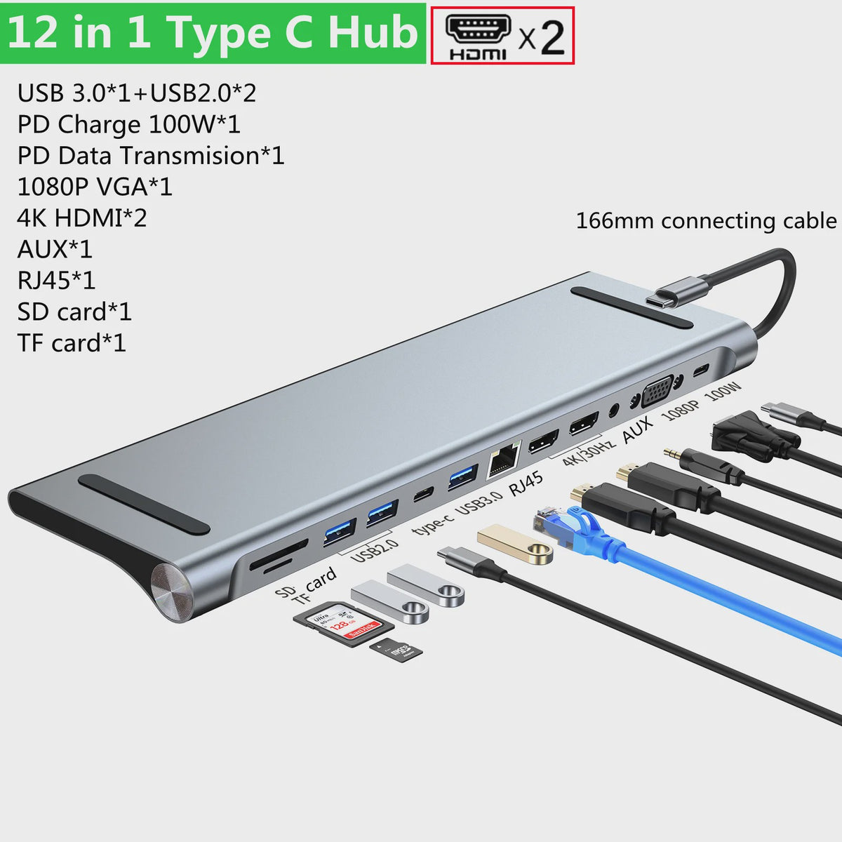 11-in-1 USB-C Hub Docking Station met 4K HDMI, VGA, RJ45, SD/TF Kaartlezer & PD Charge
