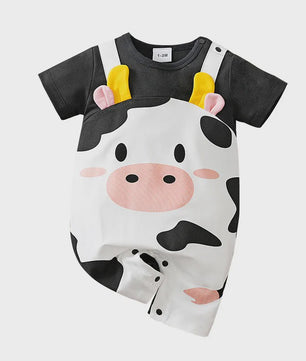 Schattige Baby Jumpsuit met Koeienprint en Nep-bretels - Zomerkleding 0-18M