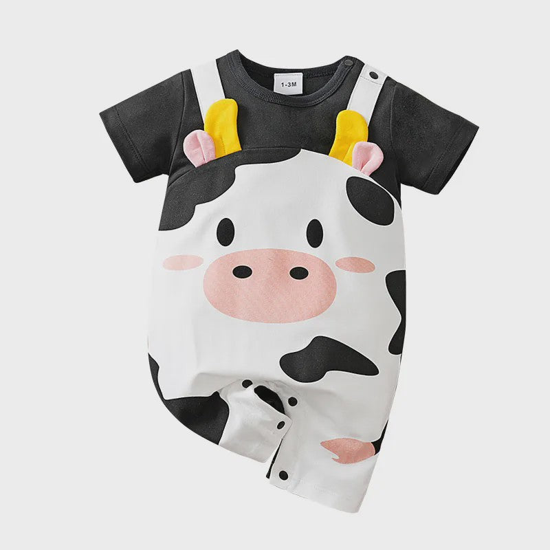 Schattige Baby Jumpsuit met Koeienprint en Nep-bretels - Zomerkleding 0-18M
