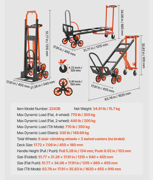 3-in-1 Industriële Omslagbare Traplift Kar - 350 kg Max. Draagvermogen - Opvouwbare Handkar Dolly