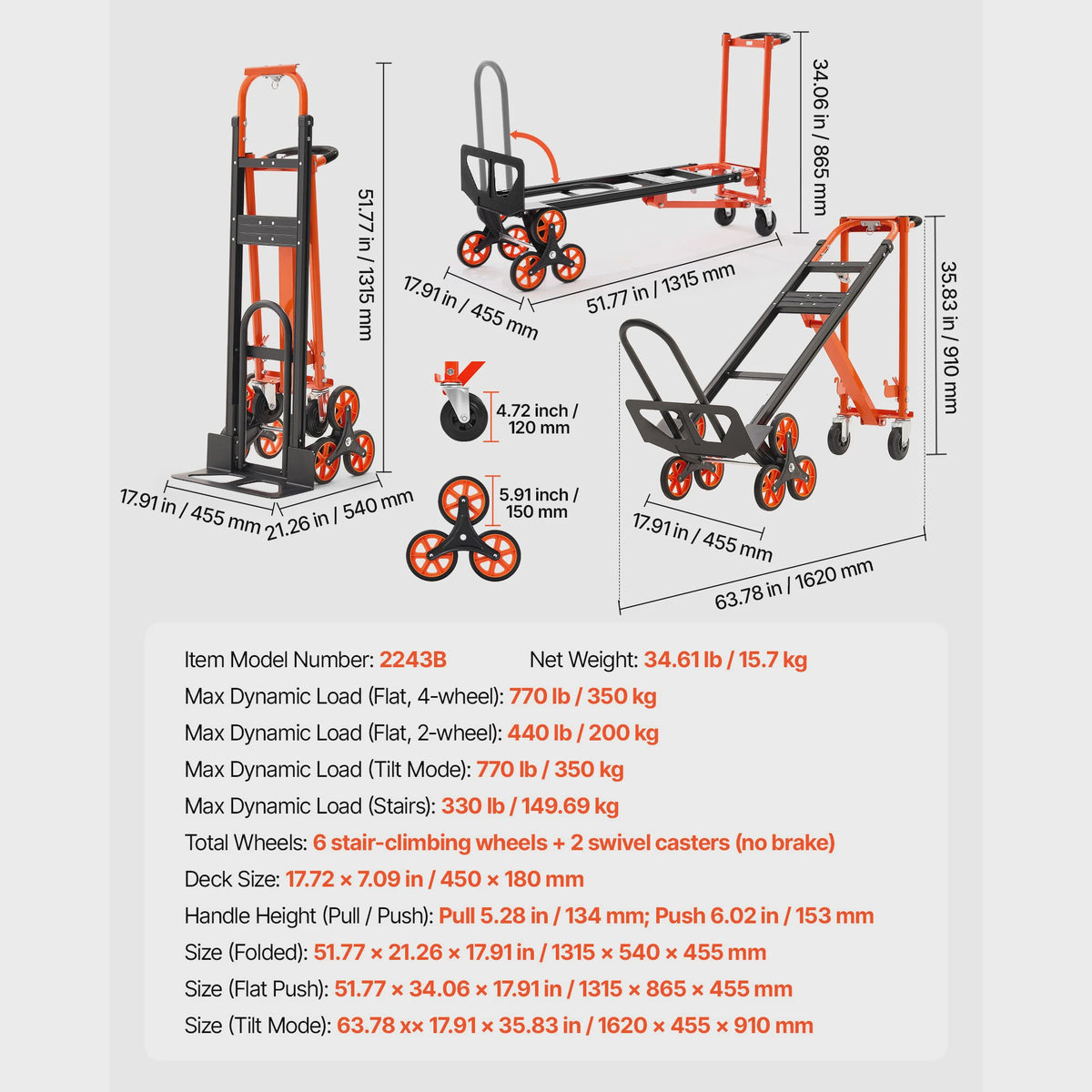 3-in-1 Industriële Omslagbare Traplift Kar - 350 kg Max. Draagvermogen - Opvouwbare Handkar Dolly