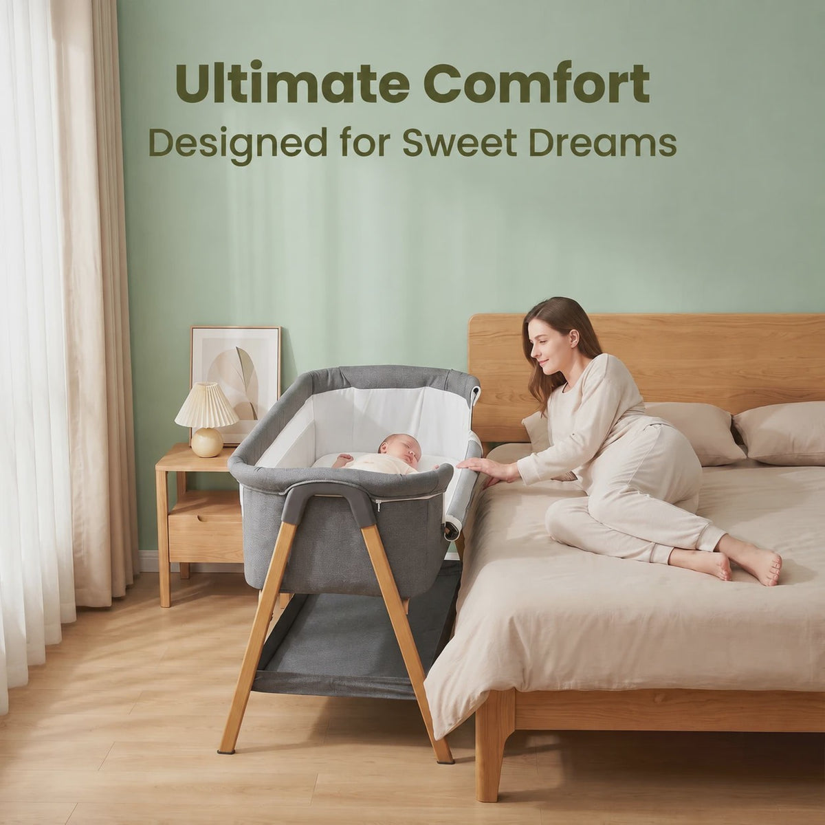 2-in-1 Baby Co-sleeper met Nachtlade en Ademend Mesh - Donkergrijs