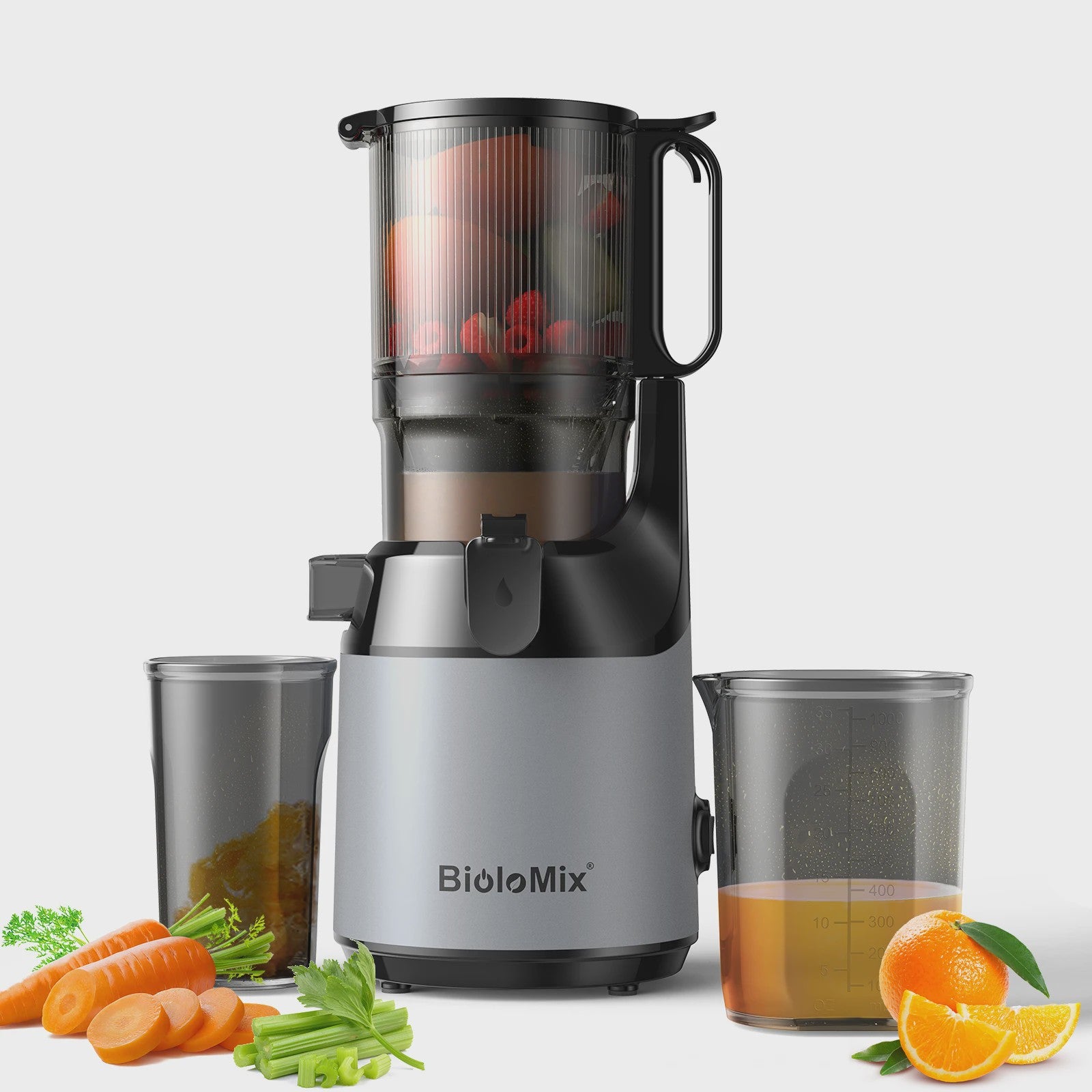 BioloMix Slowjuicer met 130mm invoertrechter - Hoge sapopbrengst, BPA-vrij, voor hele groenten & fruit