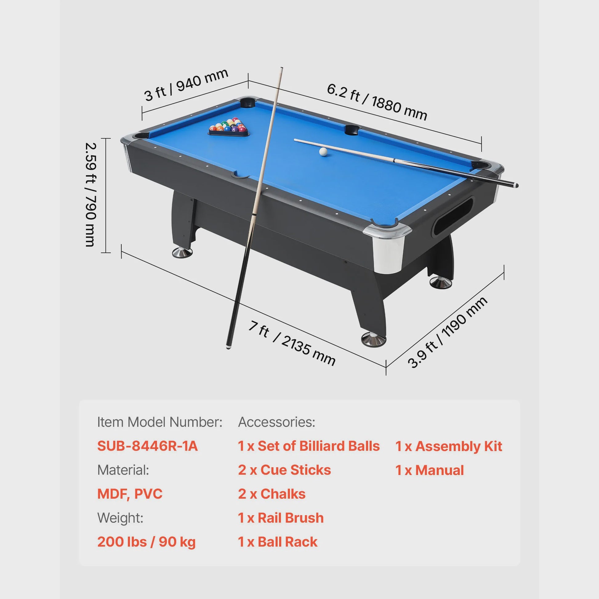 7ft Pooltafel Blauw Laken - Draagbaar & Stabiel met Complete Accessoireset