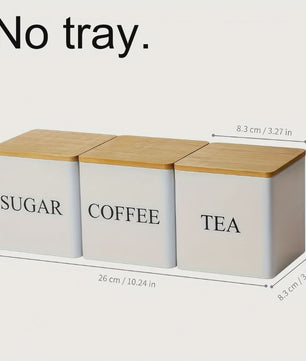 Set van 3 Keuken Potten met Bamboe Deksel - Voor Koffie, Thee & Suiker - Zwart/Wit - 500ml