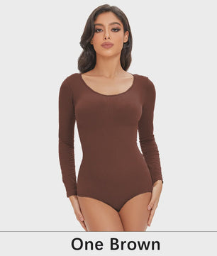POKARLA Spandex Elastic Body Suit Shapewear Women Body Shaper Tummy Control Long Sleeve Open Crotch Round Neck Seamless Shapers