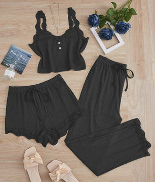 Dames 3-delige Pyjamaset met Kant - Zomer Vest, Shorts & Lange Broek