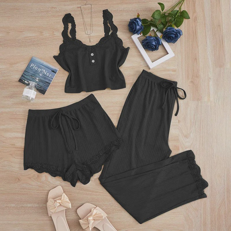 Dames 3-delige Pyjamaset met Kant - Zomer Vest, Shorts & Lange Broek