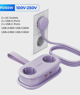 ORICO GaN 65W Power Strip: 2x AC, 2x USB-A, 1x USB-C - Snel Laden voor Thuis & Reizen