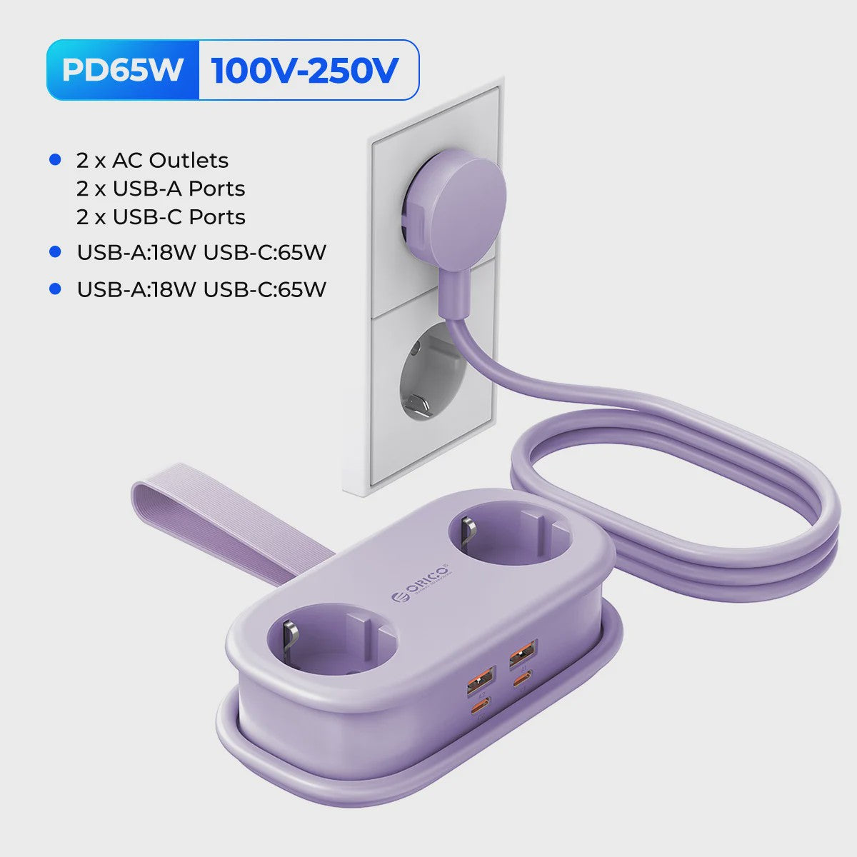 ORICO GaN 65W Power Strip: 2x AC, 2x USB-A, 1x USB-C - Snel Laden voor Thuis & Reizen