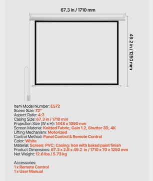 Elektrisch Projectiescherm 72-120 inch 4:3 HD Motorized met Afstandsbediening