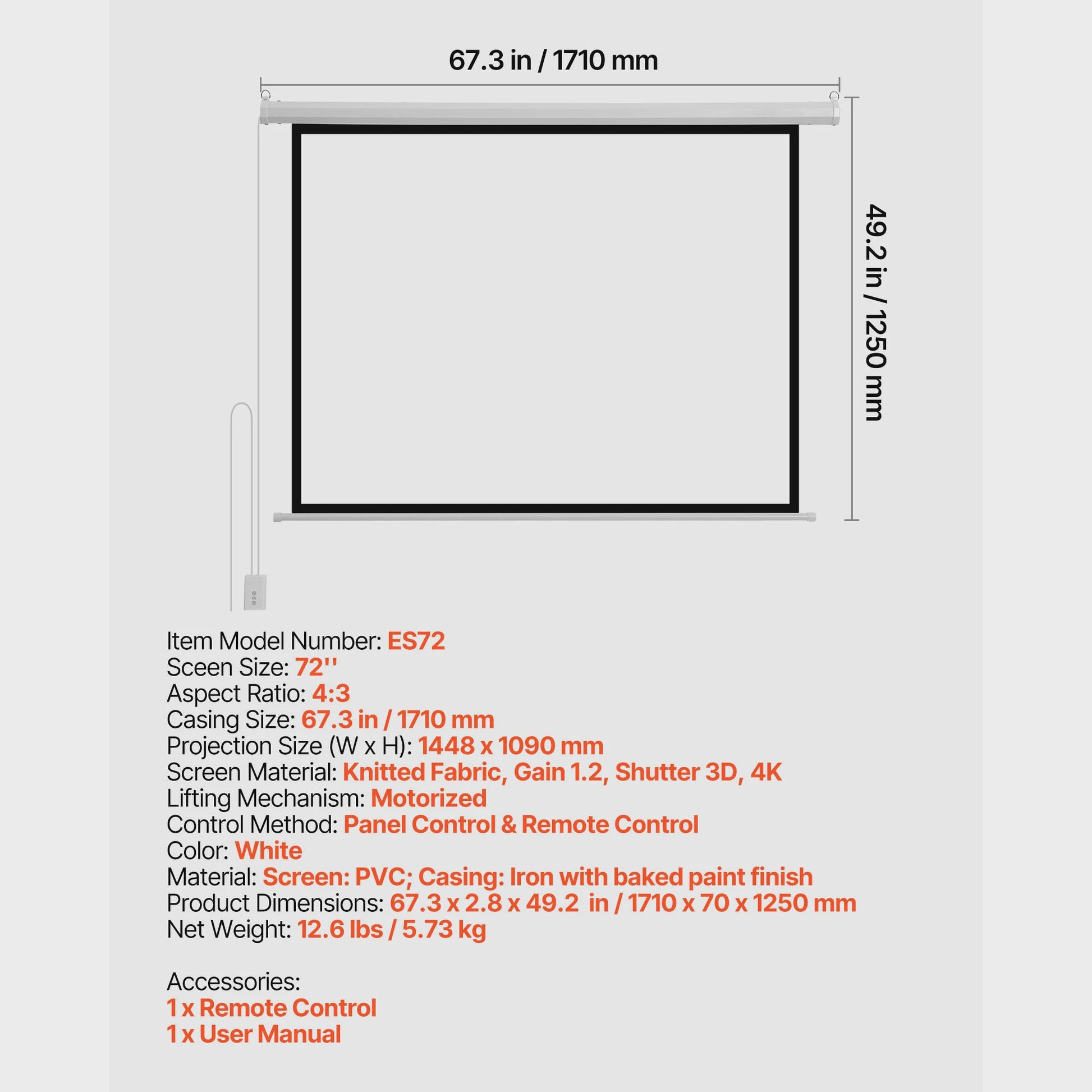 Elektrisch Projectiescherm 72-120 inch 4:3 HD Motorized met Afstandsbediening
