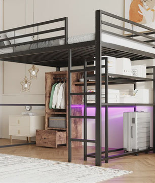 Zwart Metalen Loft Bed 140x200 cm met LED Verlichting, Bureau, Lade, Planken en Ladder