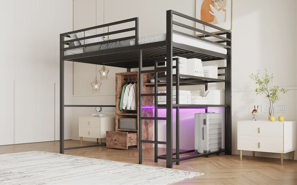 Zwart Metalen Loft Bed 140x200 cm met LED Verlichting, Bureau, Lade, Planken en Ladder