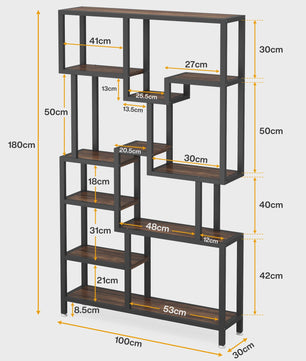 Industriële Boekenkast 7-Laags - 180cm Hoge Etagere met Metalen Frame & Rustiek Bruine Houten Planken