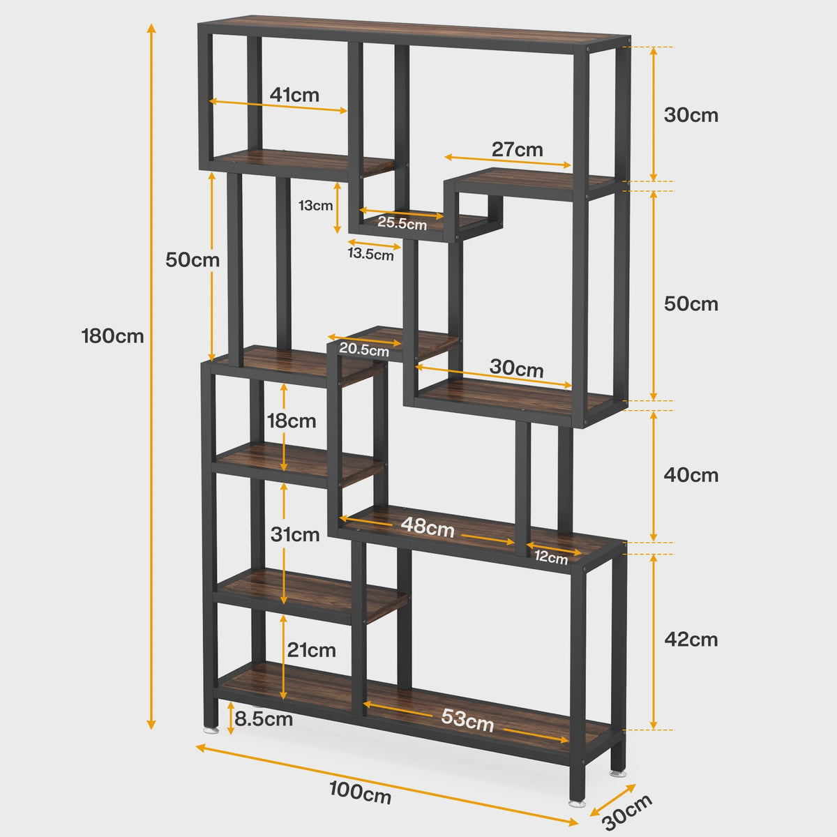 Industriële Boekenkast 7-Laags - 180cm Hoge Etagere met Metalen Frame & Rustiek Bruine Houten Planken
