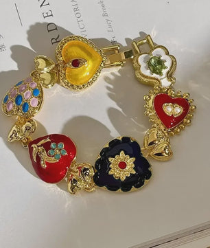 Retro Kleurrijke Hart & Bloem Ketting & Oorbellen Set - Paleis Stijl
