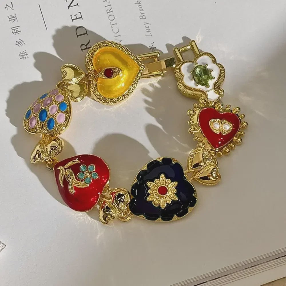 Retro Kleurrijke Hart & Bloem Ketting & Oorbellen Set - Paleis Stijl