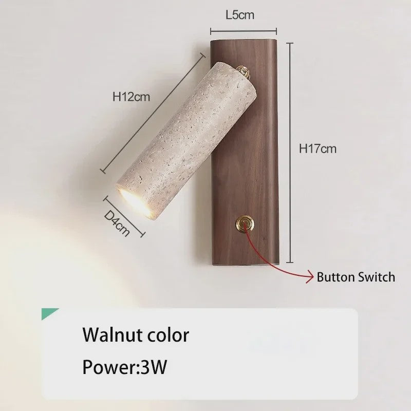 Wabi-Sabi Wandlamp Natuurlijk Geel Travertin Steen met Houten Basis & Draaibare Kap