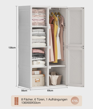 Draagbare Opvouwbare Garderobekast Organizer - Wit ABS Plastic Kledingkast met Deuren