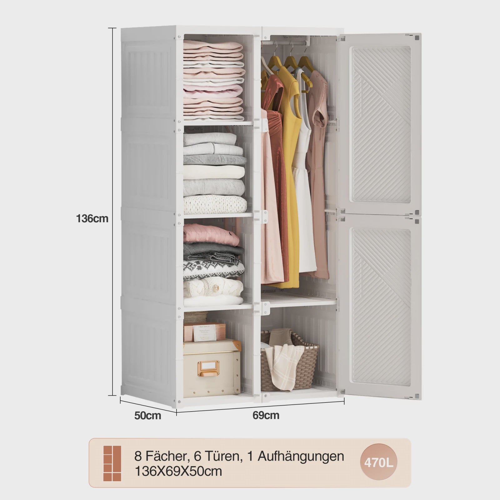Draagbare Opvouwbare Garderobekast Organizer - Wit ABS Plastic Kledingkast met Deuren