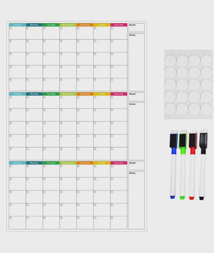 Herbruikbare Driemaanden Whiteboard Kalender & Planbord - OngeДата Wandplanner met 4 Markers