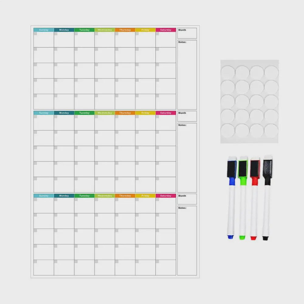 Herbruikbare Driemaanden Whiteboard Kalender & Planbord - OngeДата Wandplanner met 4 Markers