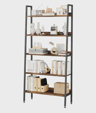 5-Laags Ladder Boekenkast - Smal Houten Wandrek met Metalen Frame