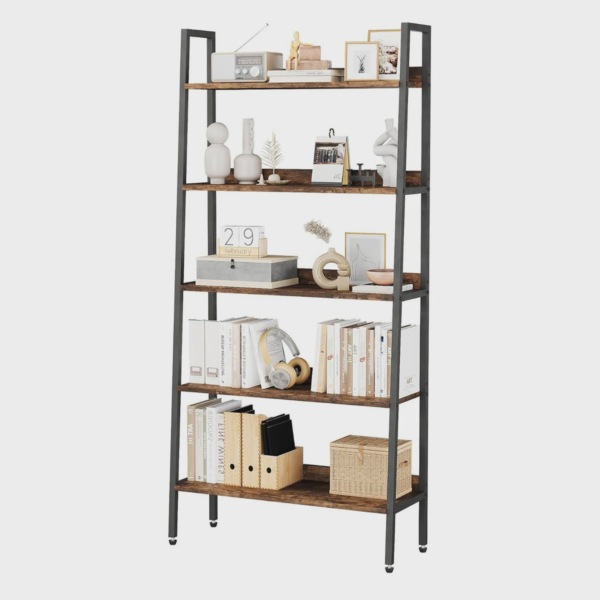 5-Laags Ladder Boekenkast - Smal Houten Wandrek met Metalen Frame