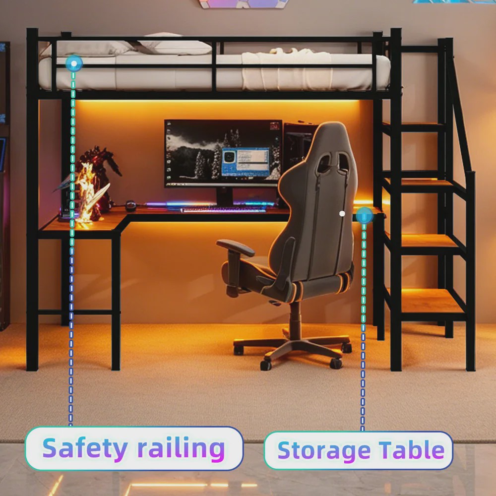 Ruimtebesparend 90x190cm Hoogslaper met L-vormig Bureau, Trap, Opslag & Veiligheidshek