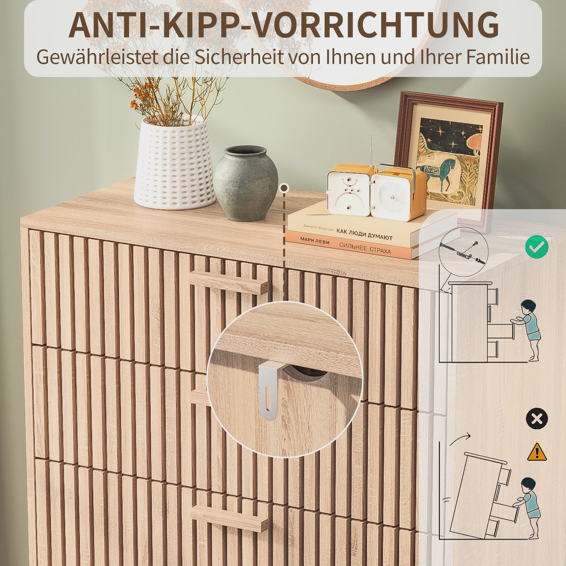 Ladekast met 4 laden, eikenhout look, massief houten poten - Decoratieve opberger voor hal, woonkamer of slaapkamer (60x34x91 cm)