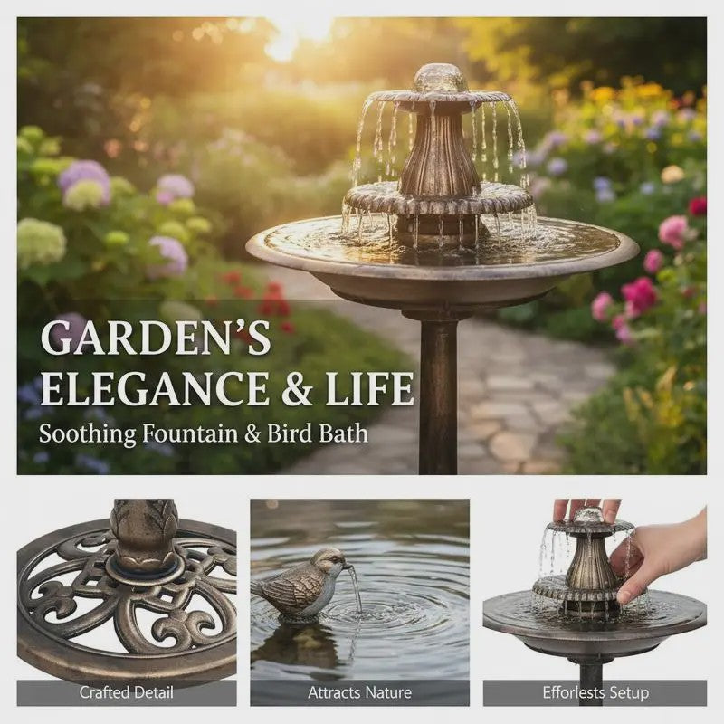 Bronzen Vogelbad Fontein met Bekken - 50x91 cm - Duurzaam Kunststof voor Tuin & Terras