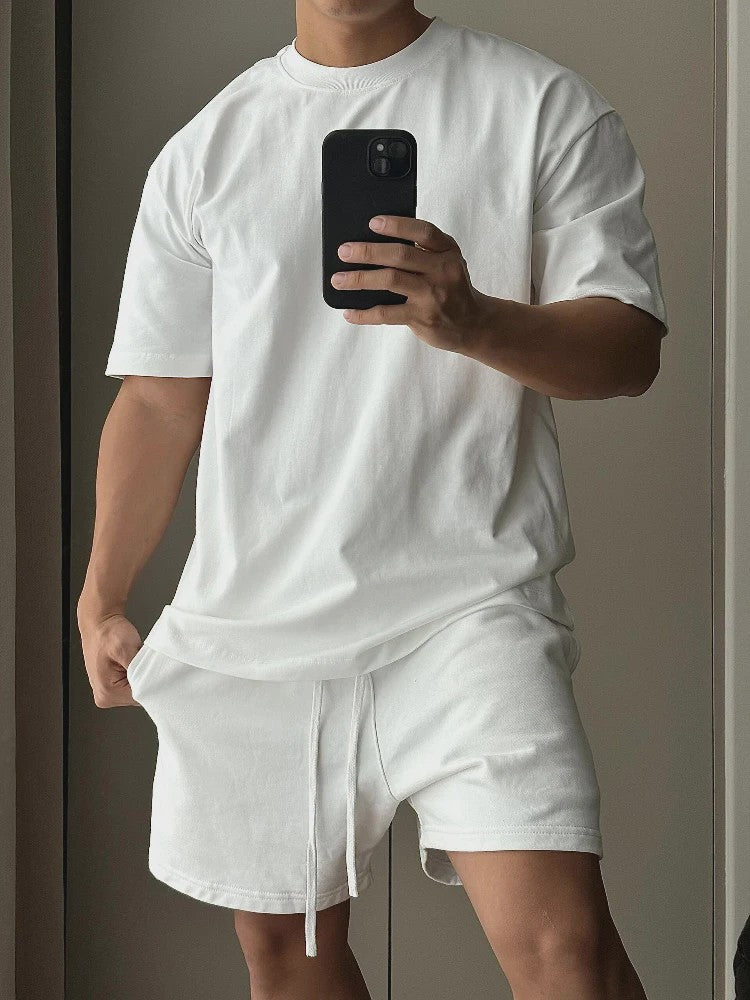 Heren Katoenen Set: Trendy T-shirt met Korte Mouwen en Shorts