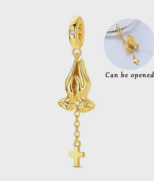 925 Sterling Zilveren Bedel: Gouden Strik met Roze Hart & Kruis met Oog van Horus