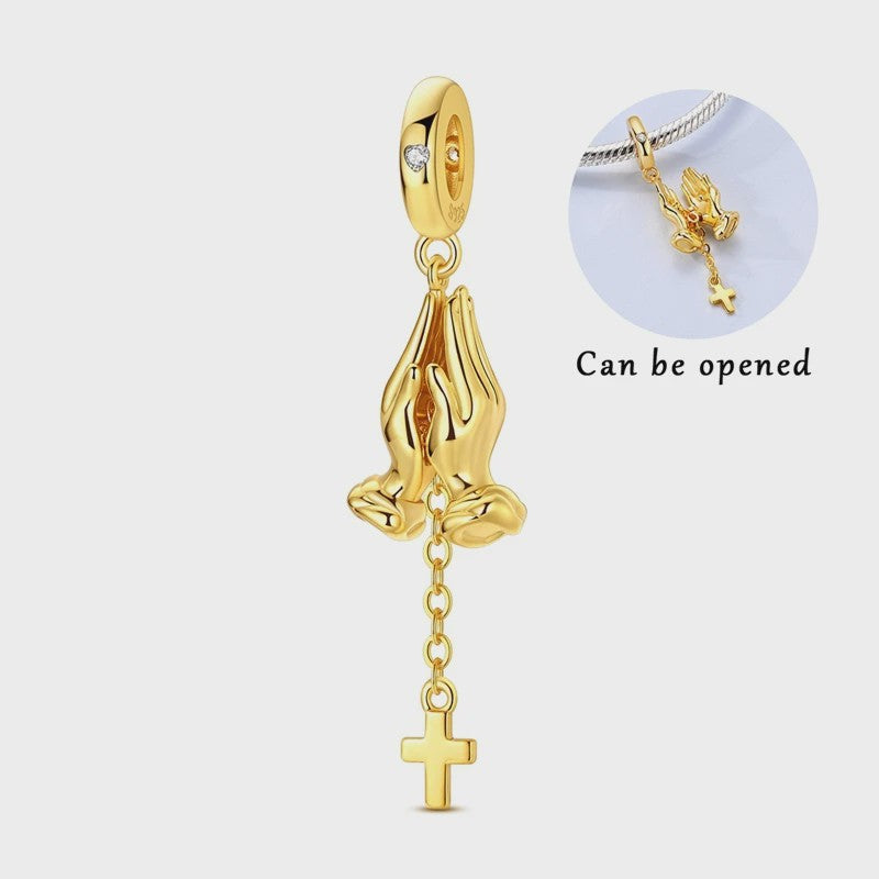 925 Sterling Zilveren Bedel: Gouden Strik met Roze Hart & Kruis met Oog van Horus