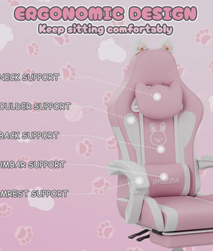 Ergonomische Gaming Chair met Kattenoren, Massagefunctie en Voetensteun - Roze
