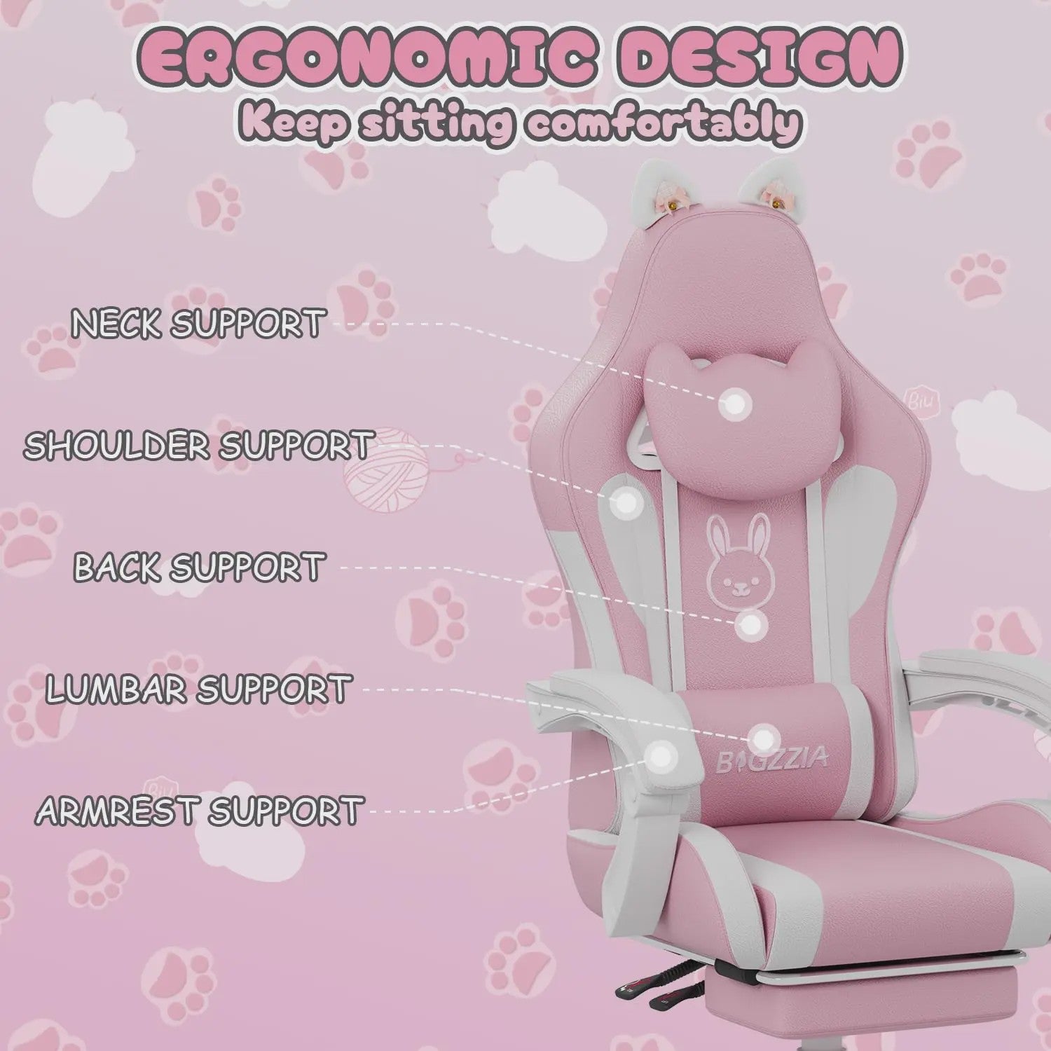 Ergonomische Gaming Chair met Kattenoren, Massagefunctie en Voetensteun - Roze