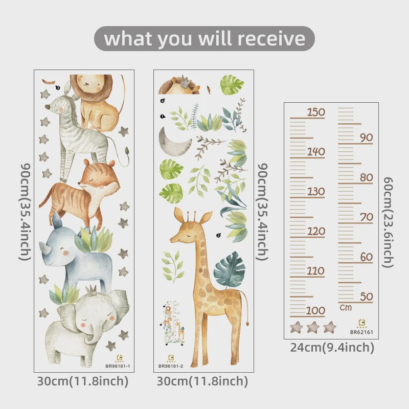 Vrolijke Groeimeter Muursticker met Safari Dieren - Perfect voor de Kinderkamer