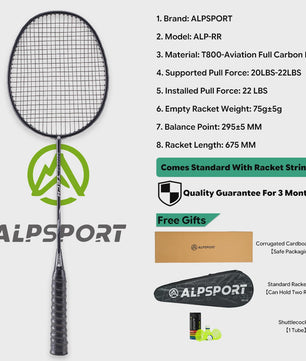 ALPSPORT RR Carbon Fiber Badminton Racket Set (2 stuks) - Offensief, 26LBS, Inclusief Tas & Shuttlecock - Ideaal voor Tieners