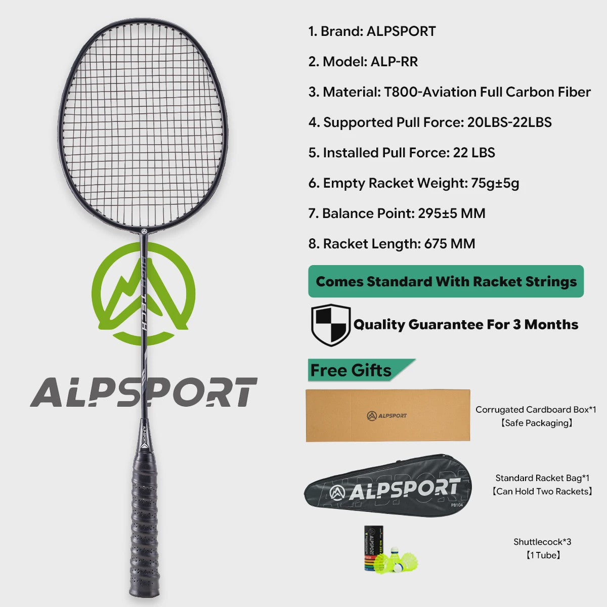 ALPSPORT RR Carbon Fiber Badminton Racket Set (2 stuks) - Offensief, 26LBS, Inclusief Tas & Shuttlecock - Ideaal voor Tieners