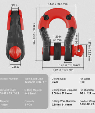 2x 3/4 Inch D-Ring Sluitingen met 7/8 Inch Pin voor Off-Road Voertuig Herstel