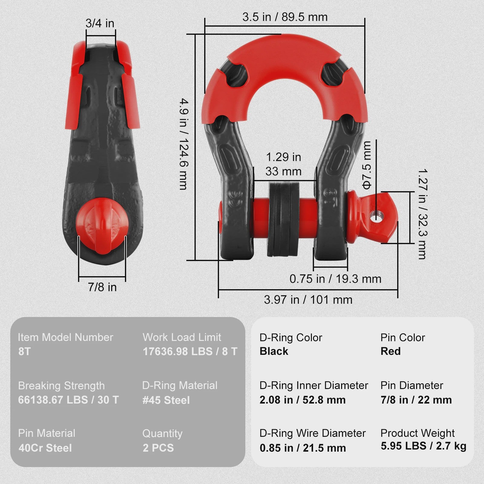 2x 3/4 Inch D-Ring Sluitingen met 7/8 Inch Pin voor Off-Road Voertuig Herstel