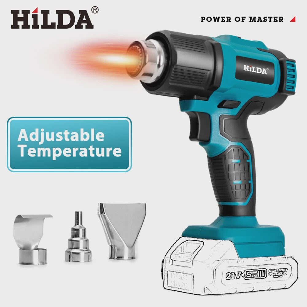 HILDA 21V Draadloze Hete Lucht Föhn - Oplaadbaar, Compatibel met Makita Batterij, Inclusief Mondstukken