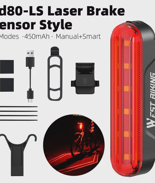 Slimme Fietslamp Achterlicht met Laser & Rem sensor - USB Oplaadbaar, Waterdicht