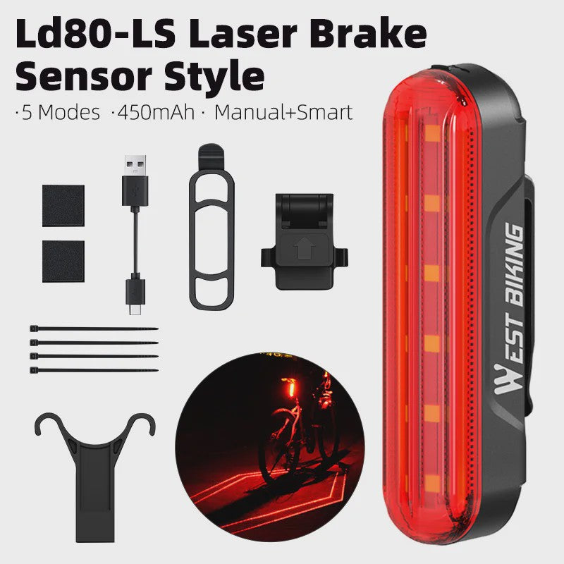 Slimme Fietslamp Achterlicht met Laser & Rem sensor - USB Oplaadbaar, Waterdicht