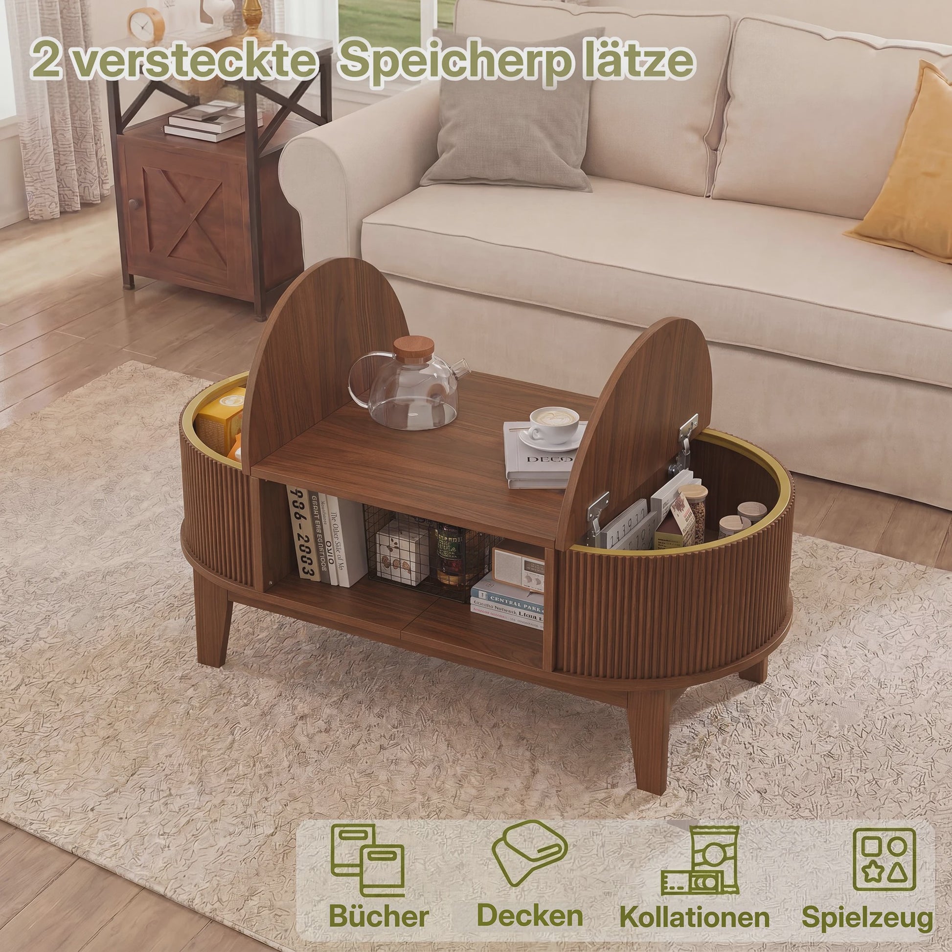 Elegante Retro Koffietafel met Dubbele Verborgen Opbergruimte en Flip-Top, Bruin