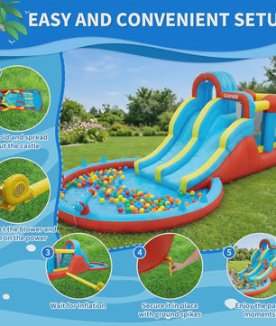 Garvee Kinder Springkussen met Waterglijbaan en Waterpistool - Groot Opblaasbaar Speelparadijs