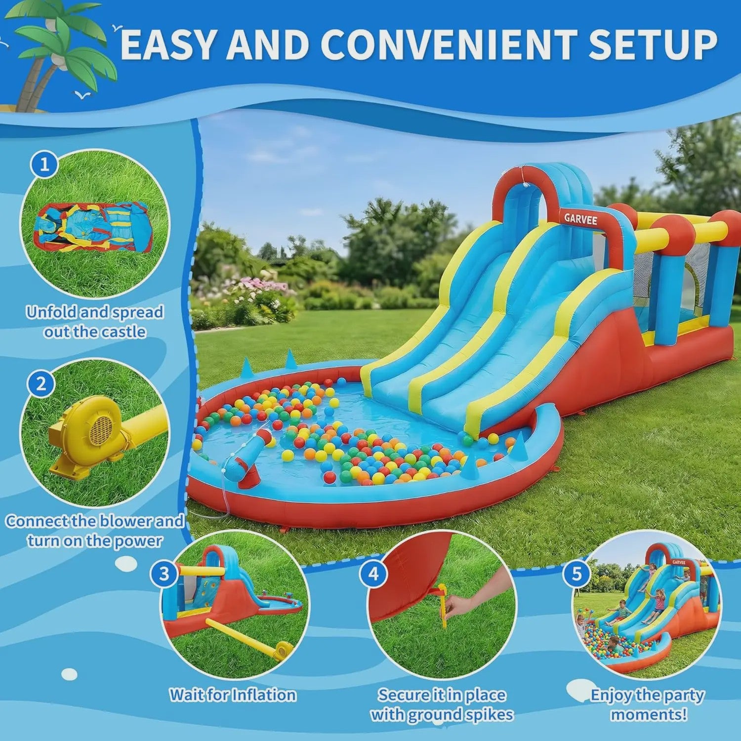 Garvee Kinder Springkussen met Waterglijbaan en Waterpistool - Groot Opblaasbaar Speelparadijs