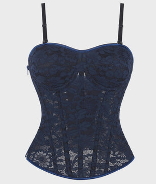 Zwart kanten korset top met mesh en ritssluiting - Sexy bustier voor feesten